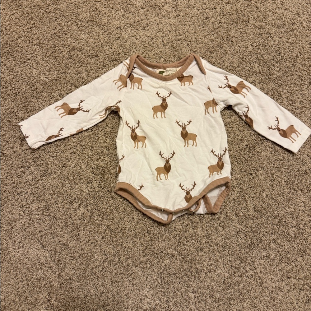 White and Brown Deer Print Bodysuit with Long Sleeves